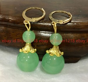 Authentic Natural 6-12mm Green Jade Round Gemstone Gold Plated Dangle Leverback Earrings
