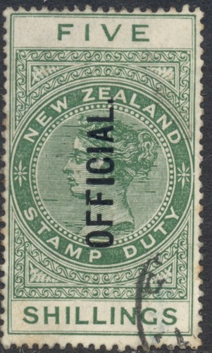 New Zealand 1913 5/- Official, p. 14, Scott #O39, catalog value US$200 = CAD$276