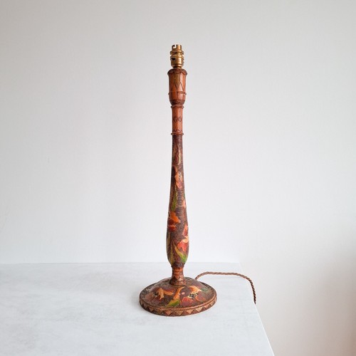 Vintage wooden Table Lamp Pyrography Indian Tall candle stick floral boho ethnic