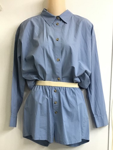 Donni Blue Poplin Cotton Long Sleeve Button Down Shirt & Henley Shorts Size XS/S