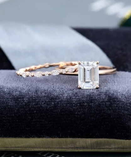 2.62CT Emerald Cut Moissanite Bridal Set Engagement Ring 14K Rose Gold Plated - Picture 2 of 9