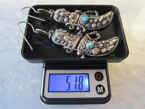 RARE ONE OF A KIND ANTIQUE SOLID STERLING SILVER TURQUOISE SWORD DAGGER EARRINGS - Picture 3 of 18