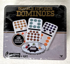 DOUBLE FIFTEEN - 136 Color Dot Dominos, Cardinal, Mexican Train , NEW in Tin Box