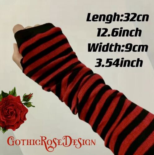 Long Black & Red Striped Fingerless Gloves | Goth Hand & Arm Warmers -Emo Punk - Picture 2 of 6