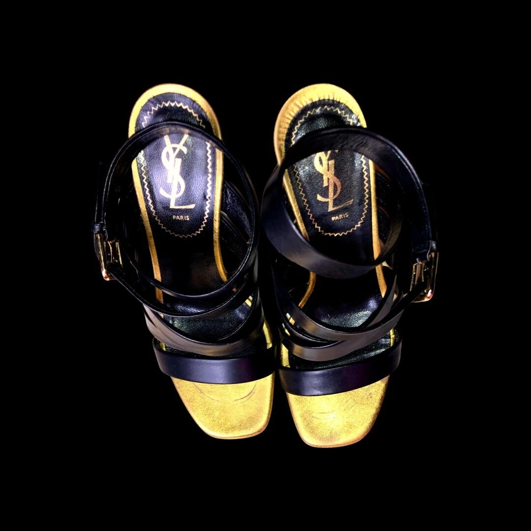 SAINT LAURENT (YSL) Yves Saint Laurent sandalo vintage pelle cinturino nero e oro tacco plateau