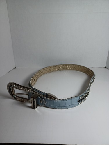 DNA Premium Blue/silver Rhinestones Genuine Western Leather Sky Blue Belt - Picture 5 of 11