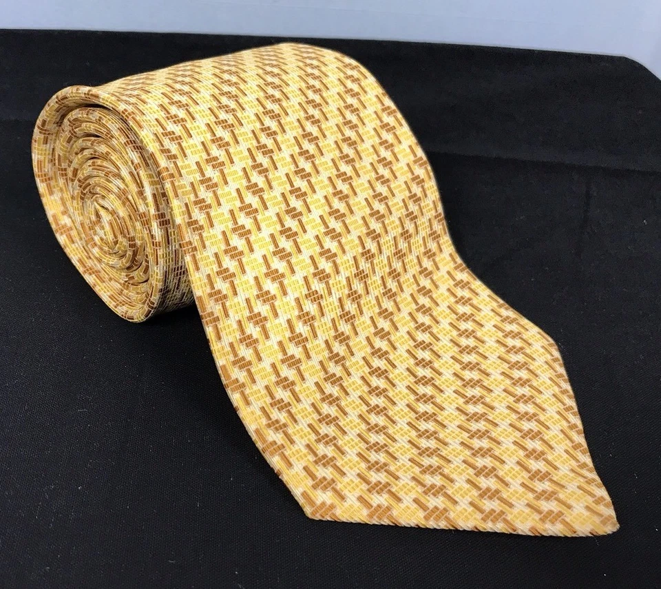 Мужской винтажный шелковый галстук IKE Behar New York Spain 3,75 дюйма/60 дюймов золотисто-желтый с медным гео - Изображение 2 из 4