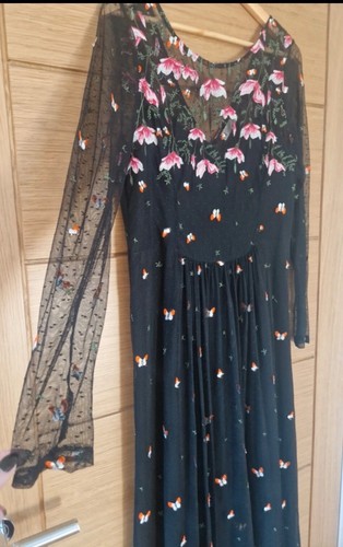 Oasis Tall Black Pink Floral Embroidered Sheer Mesh Maxi Dress long sleeves 16 - Picture 3 of 17