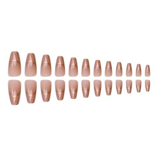 French Tips Press on Nails Long Square Fake Nails Ballerina Golden Acrylic - Picture 4 of 5