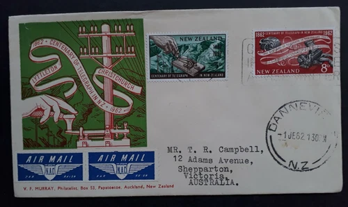 1962 New Zealand Centenary of Telegraph FDC ties 2 stamps Dannevirke