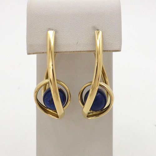 Solid 18k Gold Blue Lapis Bead Orbital Hoop Earrings Large Italy 750 11gr - Picture 3 of 8