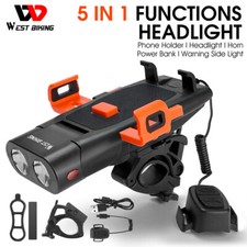 WEST BIKING 5 IN 1 LED Bike Front Horn Light USB Rechargeable Phone Holder Black