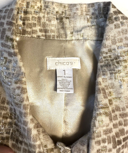 Chico's Sz 1 Misses Sz 8 Gold & Silver Metallic Geometric Pattern Jacket Blazer - Picture 6 of 6