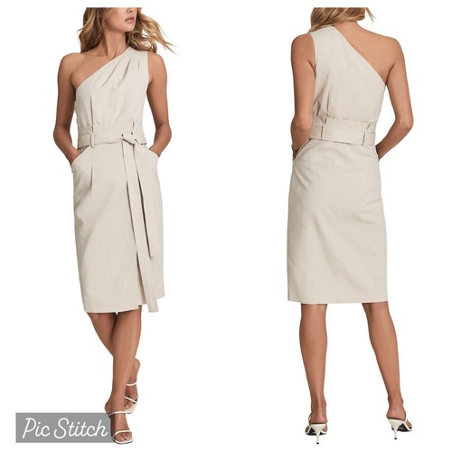 $475 REISS TAYLA ONE SHOULDER MIDI DRESS SIZE 10 12 NEUTRAL LINEN BLEND CREAM - Picture 7 of 23