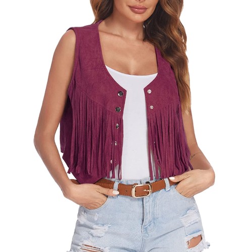 Women Tassel Vest 70s Hippie Faux Suede Rivets Sleeveless Fringe Jacket Cardigan - Bild 16 von 39