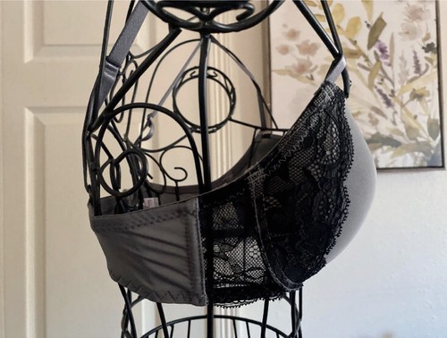 Jezebel Padded Push-Up Underwire Demi Bra Size Gray Black Lace 34 C - Picture 2 of 6