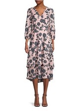 NEW Eliza J Tiered Faux Wrap Midi Dress Pink Floral Size 4