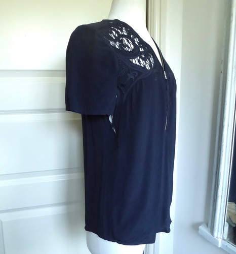 THE KOOPLES Zip Neck Top Lace Shoulder Detail Blouse Navy Blue M UK 10 - Picture 2 of 11
