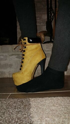 Zapatos de aguja para mujer Onlymaker amarillos punta redonda con cordones al tobillo plataforma - Imagen 2 de 8