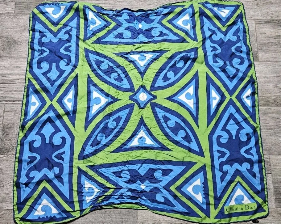 Foulard vintage Christian Dior soie Italie bleu vert Hollywood régence géométrique