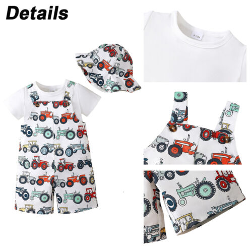 Toddler Baby Boys T Shirt Tops Printed Dungarees Jumpsuit Hat Clothes Outfit Set - Picture 14 of 15