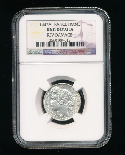 1887A France Franc NGC Genuine Uncirculated (UNC) Details Reverse Damage