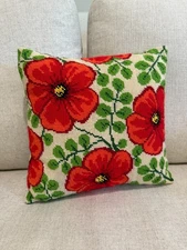 Hand Embroidered Poppy Needlepoint Throw Accent Pillow 13"x13" Cottage Retro