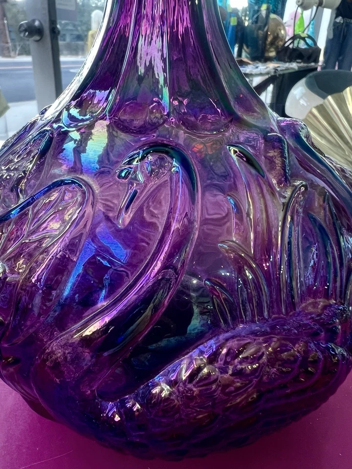 Fenton Amythyst Carnival Glass Swan Cattail Lily Pad Vase Purple Iridescent - Image 3 of 4