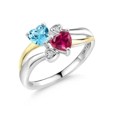 925 Silver and 10K Yellow Gold Swiss Blue Topaz and Created Ruby and White Lab
