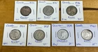 7 Canadian Quarters 25 Cents 80% Silver Coin Lot Date Run 1934-1940