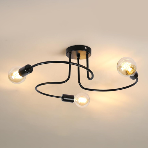 Vintage Lampada Da Soffitto, Industriale Plafoniera E27 in Metallo Nera, 3 Luci - Foto 11 di 12