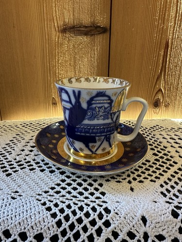 Russian LOMONOSOV Leningrad Bells Tea Cup And Saucer Blue Gold White - Picture 3 of 6