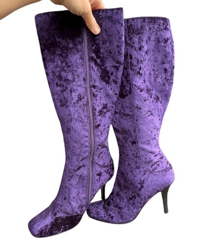 Pulp Purple Velvet Vel-Uptuious Tall Stiletto Boots, Generous AU 8, Rare Unusual - Picture 2 of 9