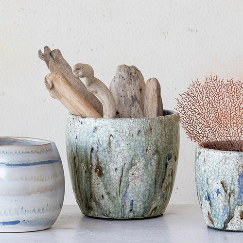 Large Terra-Cotta Planter with Crackle Glaze, Blue - Picture 2 of 9