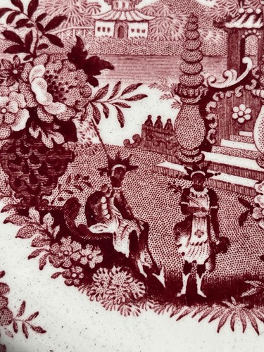 Antiguo plato de transferencia rosa rojo Staffordshire de los Adams Temple Warriors de la década de 1830 9" - Imagen 4 de 9