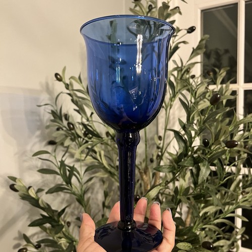 Juego de 2 copas de vino de agua de vidrio soplado a mano azul cobalto vintage de 9,5" - Imagen 9 de 12