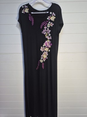 NWT Iconic Side Slit Maxi Tunic Black with Floral Embroidery Size 14