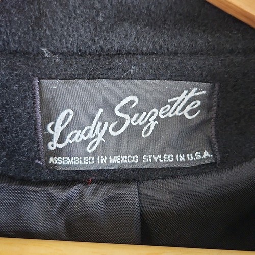 Vintage Lady Suzette Black Long Wool Blend Coat Size 2X Gold Buttons Velvet Lace - Picture 9 of 13