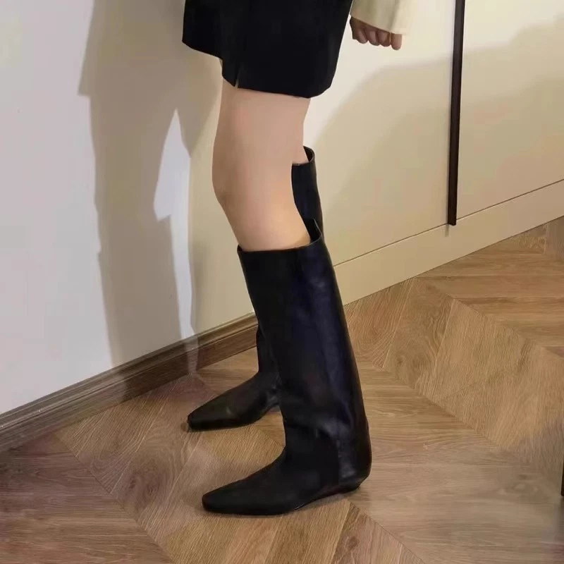 Ретро женщин вкратце носок на танкетке каблуки колена сапоги прямой ноги моды рыцарь - Изображение 2 из 4