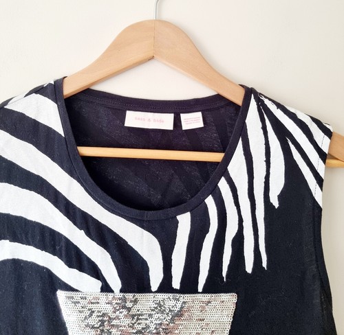 SASS & BIDE Black Zebra Stripe Silver Sequin Sleeveless Tank Top SIZE XXS 6 8 - Picture 2 of 5