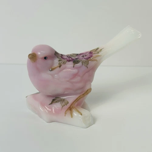 Fenton Pink Burmese Bird On Branch Purple Flowers Figurine Signed C Griffiths 3”