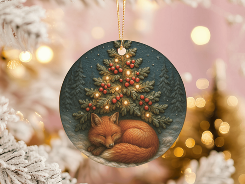 Keramik Fuchs Ornament schlafend unter Weihnachtsbaum Wald Winter Urlaub Geschenk - Bild 2 von 7