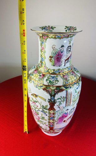 Jarrón grande medallón rosa chino de colección 16,5” marca Qianlong pintado a mano floral - Imagen 10 de 17