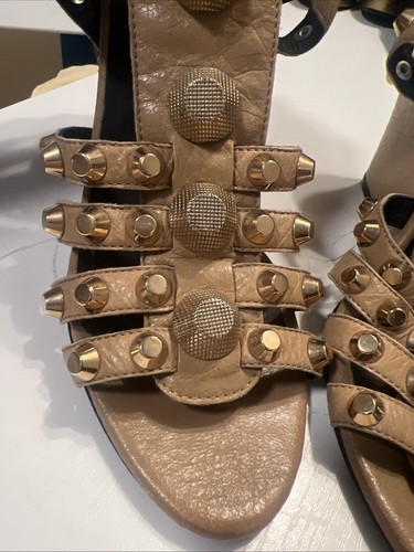 Balenciaga 40 High Heel Wedge Sandals Beige Leather Gold Giant Studs Gladiator - Picture 2 of 24
