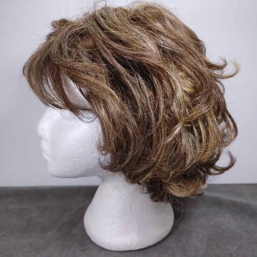 Unbranded Full Mono Top Wig Bangs Layered Curly Brown Blonde Highlights - Picture 4 of 10