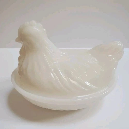 Vintage Hazel Atlas Hen On A Nest White Milk Glass Butter Dish c. 1940s