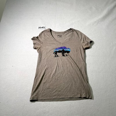 Patagonia Fitz Roy Bison T Shirt Womens Small Olive Green Cotton V Neck Casual