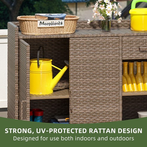 Brown Patio Outdoor Storage Cabinet Weather-Proof Rattan Bar Table w/ Two Doors - Picture 4 of 9