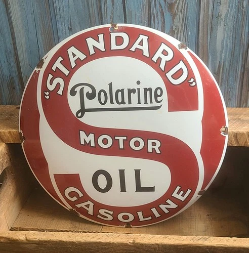 Vintage Polarine Motor Oil Standard Gasoline Porcelain Metal Gas Pump Plate Sign