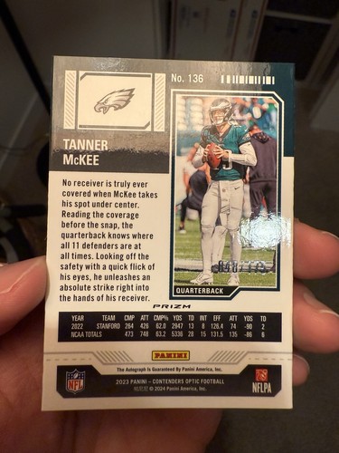 2023 Tanner McKee Contenders Optic Red Rookie Auto /175 Eagles QB #136 - Picture 3 of 4